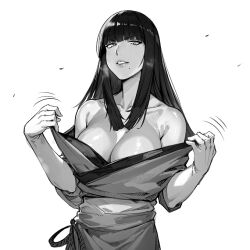 Rule 34 | 1boy, 1girl, breasts, cleavage, final fantasy, final fantasy xiv, greyscale, jamjamstyle, japanese clothes, kimono, large breasts, long hair, looking at viewer, mole, mole under eye, monochrome, parted lips, simple background, smile, solo, undressing, upper body, white background, yotsuyu goe brutus