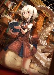Rule 34 | 159cm, 1girl, basket, blue ribbon, book, bookshelf, brown dress, closed mouth, dress, dutch angle, hair between eyes, highres, holding, holding basket, holding book, kneeling, large tail, library, long tail, medium hair, monster girl, neck ribbon, original, prehensile tail, puffy short sleeves, puffy sleeves, reading, red eyes, ribbon, shirt, short sleeves, skeletal tail, slit pupils, solo, striped clothes, striped dress, tail, white hair, white shirt