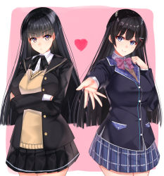Rule 34 | 2girls, amagami, ayatsuji tsukasa, black hair, black jacket, black skirt, blazer, blue eyes, bow, bowtie, brown eyes, buttons, cardigan, closed mouth, commentary, cowboy shot, crossed arms, heart, jacket, long hair, looking at viewer, miniskirt, muka tsuku, multiple girls, nijisanji, open clothes, open jacket, outstretched hand, pink background, pink bow, plaid, plaid skirt, pleated skirt, school uniform, simple background, skirt, smile, standing, tsukino mito, tsukino mito (1st costume), uniform, virtual youtuber