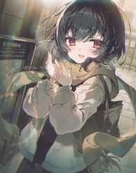 Rule 34 | 1girl, black bag, black hair, black shirt, blush, building, cobblestone, commentary request, cowboy shot, dot nose, hands up, idolmaster, idolmaster shiny colors, jacket, looking at viewer, messy hair, morino rinze, muted color, open mouth, outdoors, railing, red eyes, scarf, shirt, short hair, sign, smile, solo, soriya, warming hands, white jacket, yellow scarf
