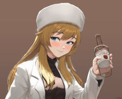 Rule 34 | absurdres, alcohol, andranof pepesha, blonde hair, blue eyes, blush, bottle, brown background, brown sweater, ellinyse, fur hat, grey hat, hand up, hat, highres, holding, holding bottle, jacket, long hair, long sleeves, open clothes, open jacket, shy (series), signature, simple background, smile, sweater, upper body, vodka