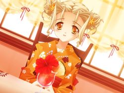 Rule 34 | 1girl, blonde hair, carnelian, double bun, drink, game cg, japanese clothes, kanami, quilt, solo, tagme