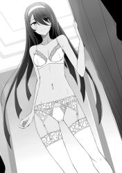 Rule 34 | 1girl, blush, breasts, cleavage, closed mouth, collarbone, contrapposto, dutch angle, floating hair, garter belt, greyscale, groin, hair between eyes, hairband, highres, kirihime yoruka, long hair, looking at viewer, monochrome, murakami yuichi, navel, novel illustration, official art, saijaku muhai no bahamut, small breasts, smile, solo, standing, swept bangs, thighhighs, underwear, underwear only, very long hair