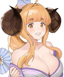 1girl anila_(granblue_fantasy) bare_shoulders blonde_hair blush breasts fikkyun granblue_fantasy highres horns japanese_clothes kimono large_breasts long_hair sheep_girl sheep_horns simple_background solo thick_eyebrows white_background white_kimono yellow_eyes