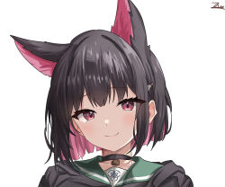 Rule 34 | 1girl, animal ears, black choker, black hair, blue archive, cat ears, choker, colored inner animal ears, colored inner hair, extra ears, green sailor collar, hair ornament, hairclip, halo, jacket, kazusa (blue archive), looking at viewer, medium hair, multicolored hair, nagato f, pink eyes, pink hair, pink halo, sailor collar, signature, simple background, smile, solo, two-tone hair, white background