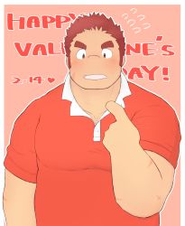 Rule 34 | 1boy, 3c pan, bara, belly, blush, brown hair, collared shirt, facial hair, facial scar, flying sweatdrops, tamamura gunzo, happy valentine, highres, large pectorals, long sideburns, male focus, muscular, muscular male, open mouth, pectorals, pointing, pointing at self, red shirt, scar, scar on cheek, scar on face, shirt, short hair, sideburns, solo, spiked hair, stubble, thick eyebrows, tokyo houkago summoners, upper body