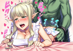 Rule 34 | 1boy, 1girl, apron, ass, ass grab, bed sheet, bent over, blonde hair, blush, braid, breast rest, breasts, cleavage, doggystyle, elf, french braid, green eyes, h kasei, heart, hetero, large breasts, long hair, moaning, monster, naked apron, open mouth, orc, original, pointy ears, sex, sex from behind, sheet grab, short hair, solo focus, sweat, tears, text focus, tongue, trembling, vaginal, wavy mouth