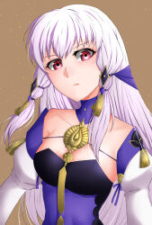 1girl absurdres bare_shoulders black_dress breasts brown_background cleavage closed_mouth collarbone detached_collar detached_sleeves dress fire_emblem fire_emblem:_three_houses gold_trim highres lips long_hair looking_at_viewer lost_(su-pa-buru) lysithea_von_ordelia medium_breasts mixed-language_commentary multicolored_clothes multicolored_dress nintendo pink_lips purple_dress red_eyes simple_background small_breasts solo veil white_dress white_hair white_sleeves