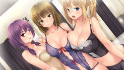 Rule 34 | 3girls, artist request, blonde hair, blue eyes, blush, breast press, breasts, brown eyes, brown hair, character request, game cg, highres, large breasts, lingerie, lips, looking at viewer, multiple girls, negligee (game), open mouth, purple hair, short hair, underwear