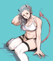 Rule 34 | 1girl, abs, bikini, breasts, chain, cleavage, collarbone, crop top, cross, demon horns, demon tail, dorohedoro, earrings, fang, hand on own head, highres, horns, inverted cross, jewelry, ki (mxxxx), long hair, looking at viewer, medium breasts, multiple piercings, muscular, muscular female, navel, noi (dorohedoro), open mouth, red eyes, side-tie bikini bottom, silver hair, skull earrings, solo, swimsuit, tail, tank top, teeth, thighhighs, toned, wavy hair, white tank top