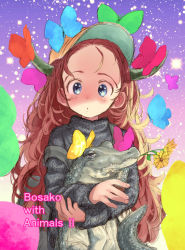 Rule 34 | 1girl, :o, animal, artist name, baseball cap, blue eyes, bosako (haguhagu), brown hair, brown hat, bug, butterfly, crocodile, crocodilian, flower in mouth, grey sweater, haguhagu (rinjuu circus), hat, holding, holding animal, horns, insect, long hair, long sleeves, looking at viewer, mouth hold, original, parted lips, solo, sweater, very long hair