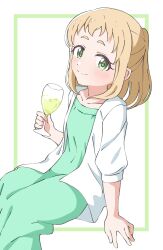 1girl absurdres blonde_hair blush closed_mouth collarbone crust_gm0 dot_nose feet_out_of_frame female_focus glass green_eyes highres holding holding_glass inose_mai koisuru_asteroid ponytail simple_background sitting smile solo