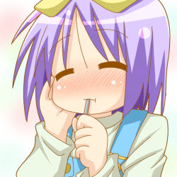 Rule 34 | 00s, blush, eating, closed eyes, happy, hiiragi tsukasa, lucky star, minami (colorful palette), overalls, purple hair, short hair, solo