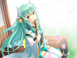 Rule 34 | 1girl, ariel23795, berserker (kiyohime), blush, brown eyes, closed mouth, fate/grand order, fate (series), folding fan, from side, grass, green hair, hair between eyes, hair ornament, hand fan, headdress, horns, japanese clothes, kimono, kiyohime (fate), long hair, looking at viewer, outdoors, petals, sitting, smile, solo, thighhighs, veranda, white thighhighs, wooden floor, yellow eyes