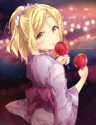 Rule 34 | 10s, 1girl, alternate hairstyle, blonde hair, blurry, blurry background, blush, bokeh, candy apple, dated, depth of field, festival, food, happy birthday, holding, japanese clothes, kimono, looking at viewer, looking back, love live!, love live! school idol festival, love live! sunshine!!, micopp, obi, ohara mari, ponytail, sash, sidelocks, solo, tongue, wide sleeves, yellow eyes, yukata