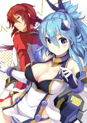 Rule 34 | 1boy, 1girl, absurdres, blue bow, blue eyes, blue hair, blush, bow, breasts, cleavage, closed mouth, elbow gloves, gloves, hair between eyes, hair bow, headgear, highres, jacket, large breasts, long hair, looking at another, looking at viewer, mecha musume, original, panties, polka dot, polka dot background, ponytail, purple panties, red hair, sidelocks, skindentation, smile, striped clothes, striped panties, underwear, white background, white gloves, white panties, yellow eyes, zelitto