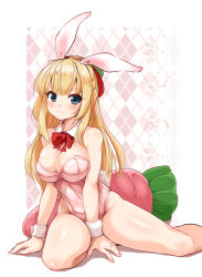 Rule 34 | 1girl, animal ears, bare legs, blonde hair, bow, bowtie, breasts, carrot, cleavage, detached collar, fake animal ears, green eyes, highres, huyusilver, large breasts, leotard, long hair, original, pink leotard, plaid, plaid background, playboy bunny, rabbit ears, rabbit girl, rabbit tail, solo, strapless, strapless leotard, tail, wrist cuffs