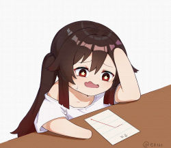 Rule 34 | 1girl, bare shoulders, brown hair, chibi, chinese commentary, chinese text, commentary request, flower-shaped pupils, genshin impact, graph, hair between eyes, highres, hu tao (genshin impact), ldd.ek, long hair, looking down, open mouth, paper, red eyes, shirt, short sleeves, simple background, simplified chinese text, solo, sweatdrop, symbol-shaped pupils, table, translated, twintails, twitter username, upper body, white shirt