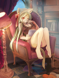 Rule 34 | 1girl, animal ears, animal hat, barefoot, blonde hair, book, breasts, cat ears, cat hat, cat tail, checkered floor, cleavage, drowsy, feet, feet on chair, floor, hat, highres, indoors, lamp, legs, light particles, long hair, meganekko kurabu, moonlight, night, open book, open mouth, original, reading, red eyes, ribbon, shorts, sitting, sleepy, slippers, solo, tail, tears, yawning