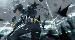 Rule 34 | 1boy, bird, black gloves, black hair, black jacket, closed mouth, gloves, grey shirt, highres, holding, holding sword, holding weapon, jacket, male rover (wuthering waves), open clothes, open jacket, outdoors, pants, pocket, rock, rover (wuthering waves), rulxierinor, shirt, short hair, signature, solo, sword, water, waves, weapon, wuthering waves, yellow eyes