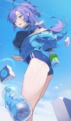 Rule 34 | 1girl, absurdres, bike shorts, blue archive, bottle, day, frown, halo, highres, holding, holding bottle, jacket, lan yansuanyan, long hair, looking at viewer, open mouth, outdoors, ponytail, purple eyes, purple hair, solo, star sticker, sweat, track jacket, unzipped, water bottle, yuuka (blue archive), yuuka (track) (blue archive)