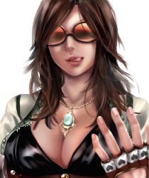 Rule 34 | 1girl, breasts, brown hair, cleavage, fingerless gloves, gloves, highres, jewelry, katarina alves, large breasts, licking lips, long hair, namco, necklace, orange-tinted eyewear, orange-tinted glasses, red-tinted eyewear, red-tinted glasses, sunglasses, tagme, tekken, tekken 7, tinted eyewear, tongue, tongue out