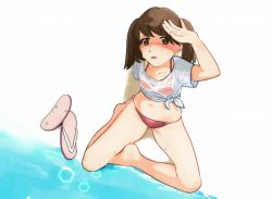 Rule 34 | 1girl, alternate costume, barefoot, bikini, bikini under clothes, blush, breasts, brown eyes, brown hair, commentary request, crop top, halterneck, highres, kantai collection, looking up, no pants, parted lips, red bikini, ryuujou (kancolle), sandals, unworn sandals, shading eyes, shirt, shishanmo, side-tie skirt, simple background, sitting, small breasts, solo, string bikini, swimsuit, twintails, water, wet, wet clothes, wet shirt, white shirt