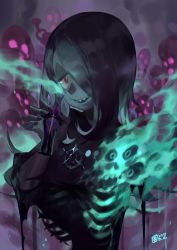 Rule 34 | 10s, 1girl, dress, hair over one eye, hat, highres, little witch academia, long hair, looking at viewer, open mouth, pale skin, pink hair, purple hair, red eyes, sharp teeth, simple background, smile, solo, sucy manbavaran, teeth, witch, witch hat, yotsuyu