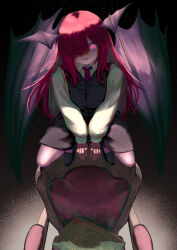 Rule 34 | 1girl, bat wings, black shorts, black vest, book, chair, dark background, fangs, fangs out, from above, full body, glowing, glowing eye, gradient background, grey background, grimoire, hair over one eye, head tilt, head wings, highres, kiyonetto, koakuma, light particles, long sleeves, looking at viewer, necktie, no socks, parted lips, pink eyes, puffy long sleeves, puffy sleeves, red necktie, shorts, simple background, slit pupils, solo, squatting, straight-on, touhou, v arms, vest, wide-eyed, wing collar, wings, you gonna get raped