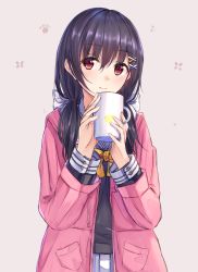 Rule 34 | 1girl, black hair, black shirt, blush, bow, brown background, closed mouth, commentary request, copyright request, cup, enuni, hair between eyes, hair bow, hair ornament, hairclip, hands up, highres, holding, holding cup, hood, hood down, hooded jacket, jacket, long hair, long sleeves, looking at viewer, low twintails, mug, open clothes, open jacket, pink jacket, pleated skirt, red eyes, school uniform, serafuku, shirt, sidelocks, simple background, skirt, smile, solo, twintails, upper body, white bow, white skirt, x hair ornament, yellow bow
