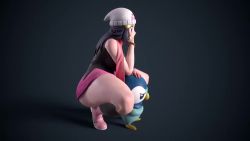 Rule 34 | 1girl, 3d, animated, ass, bare shoulders, black hair, breasts, brown eyes, cleavage, creatures (company), curvy, dawn (pokemon), game freak, gen 4 pokemon, large breasts, legs up, long hair, nintendo, phonograph, piplup, pokemon, pokemon (creature), pokemon dppt, skirt, solo, squatting, thick thighs, thighs, turntable, usukeninja, video, wide hips