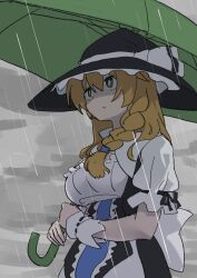 1girl black_dress black_hat blonde_hair blush bow braid breasts bright_pupils closed_mouth cookie_(touhou) cowboy_shot dress expressionless frilled_hat frills green_eyes green_umbrella grey_sky hair_between_eyes hair_bow hat highres kirisame_marisa leftame long_hair looking_afar mars_(cookie) medium_breasts overcast rain ribbon-trimmed_sleeves ribbon_trim shirt side_braid single_braid sky solo touhou umbrella white_pupils white_shirt witch_hat wrist_cuffs