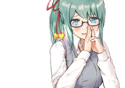 Rule 34 | .live, 1girl, black-framed eyewear, blush, collared shirt, cropped torso, dress shirt, eggedomon, fingers together, glasses, green eyes, green hair, grey sweater, grey vest, hair between eyes, hair ribbon, hand on own face, hands on own face, head tilt, highres, kagura suzu (.live), long hair, long sleeves, open mouth, own hands together, ponytail, red ribbon, ribbed sweater, ribbon, semi-rimless eyewear, shirt, shy, simple background, solo, sweater, sweater vest, under-rim eyewear, vest, virtual youtuber, white background, white shirt
