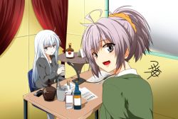 Rule 34 | 2girls, ahoge, aoba (kancolle), bottle, chair, collarbone, commentary request, cup, curtains, dog tags, green sweater, grey hair, grey shirt, hibiki (kancolle), holding, holding cup, indoors, kantai collection, long hair, long sleeves, looking at viewer, looking back, microphone, multiple girls, open mouth, pink hair, scrunchie, shirt, short hair, short ponytail, sidelocks, signature, sitting, sweater, table, window, yua (checkmate)