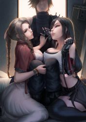 Rule 34 | 1boy, 2girls, aerith gainsborough, ass, bed, black hair, blush, breasts, brown hair, cleavage, cloud strife, cropped jacket, dress, final fantasy, final fantasy vii, final fantasy vii remake, girl sandwich, hand on another&#039;s chest, head out of frame, highres, jacket, large breasts, medium breasts, moi&#039;dukdum, multiple girls, red jacket, sandwiched, sitting, suspenders, sweat, thighhighs, tifa lockhart