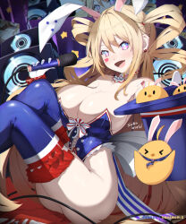 Rule 34 | &gt; &lt;, animal ears, azur lane, blonde hair, blue eyes, blue leotard, blue thighhighs, breasts, cleavage, commentary, english commentary, facial mark, fake animal ears, fanbox username, frilled leotard, frills, guam (azur lane), guam (stage-setting charmer) (azur lane), hat, heart, heart facial mark, heart sticker, highleg, highleg leotard, highres, holding, holding microphone, knees up, large breasts, leotard, long hair, manjuu (azur lane), microphone, official alternate costume, open mouth, playboy bunny, rabbit ears, sitting, smile, sonaworld, star-shaped pupils, star (symbol), strapless, strapless leotard, symbol-shaped pupils, thighhighs, top hat, two side up, undersized breast cup