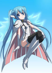 Rule 34 | 00s, 1girl, blue eyes, blue hair, bodysuit, boots, cape, chain, collar, elbow gloves, female focus, flying, garter straps, gloves, high heel boots, high heels, knee boots, long hair, looking at viewer, matching hair/eyes, nymph (sora no otoshimono), ootaka narumi, robot ears, solo, sora no otoshimono, thighhighs, twintails, very long hair, white gloves, wings