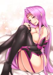 Rule 34 | 1girl, :q, akitsuki karasu, ass, bare shoulders, black footwear, blush, boots, breasts, choker, cleavage, collarbone, detached sleeves, facial mark, fate/stay night, fate (series), female focus, forehead mark, from side, high heel boots, high heels, hip focus, huge ass, hugging own legs, large breasts, long hair, long sleeves, looking at viewer, looking to the side, medusa (fate), medusa (rider) (fate), medusa (rider) (third ascension) (fate), no blindfold, pink eyes, pink hair, sitting, smile, solo, thick thighs, thigh boots, thighhighs, thighs, tongue, tongue out, very long hair, wide hips