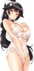 Rule 34 | 1girl, azur lane, between legs, black hair, blush, bow, breasts, brown eyes, casual one-piece swimsuit, cle masahiro, cleavage, covered navel, covering privates, covering crotch, cowboy shot, criss-cross halter, flower, frown, hair bow, hair flaps, hair flower, hair ornament, halterneck, hand between legs, hand on own chest, highres, large breasts, long hair, looking at viewer, one-piece swimsuit, ponytail, simple background, skindentation, solo, strap gap, sweatdrop, swimsuit, takao (azur lane), takao (beach rhapsody) (azur lane), very long hair, wavy mouth, white background, white one-piece swimsuit