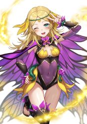 Rule 34 | 1girl, blonde hair, blue eyes, blush, breasts, cleavage, cosplay, covered navel, fire emblem, hair down, highres, lissa (fire emblem), long hair, nintendo, one eye closed, open mouth, ophelia (fire emblem), sandals, small breasts, solo