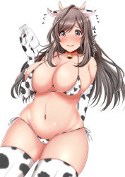 Rule 34 | 1girl, animal ears, animal print, bikini, blush, bottle, breasts, brown hair, cleavage, collar, commentary, commentary request, cow ears, cow horns, cow print, cowboy shot, elbow gloves, fake animal ears, fake horns, gloves, highres, horns, idolmaster, idolmaster shiny colors, large breasts, long hair, milk, milk bottle, navel, neck bell, parted lips, red collar, sideboob, simple background, smile, solo, swimsuit, thighhighs, thighs, translation request, tsukioka kogane, white background, wonawo