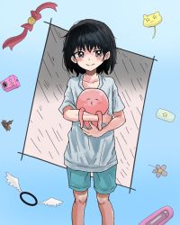 1girl animal animal_hug black_hair blush closed_mouth grey_eyes highres kuze_shizuka octopus shirt short_hair shorts smile strikes_empire t-shirt takopii takopii_no_genzai white_shirt