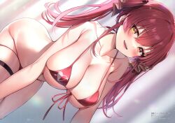 Rule 34 | 1girl, absurdres, all fours, arrow through heart, ayamy, bare shoulders, bikini, blurry, blurry background, breasts, character name, cleavage, collarbone, head tilt, heart, heart print, heterochromia, highres, hololive, houshou marine, indoors, large breasts, long hair, looking at viewer, open mouth, red bikini, red eyes, red hair, scan, shiny skin, simple background, smile, solo, swimsuit, teeth, thigh strap, thighs, twintails, upper teeth only, virtual youtuber, yellow eyes