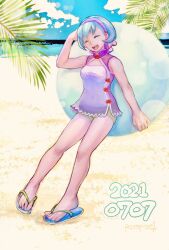 Rule 34 | 1girl, beach, breasts, closed eyes, cloud, dated, full body, gensou suikoden, gensou suikoden ii, hairband, highres, medium breasts, nanami (suikoden), open mouth, palm tree, petopise1, short hair, shorts, smile, solo, tree, twitter username, white hair