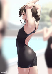 Rule 34 | 1girl, 3girls, armpits, ass, black one-piece swimsuit, blurry, blurry background, breasts, brown eyes, brown hair, closed mouth, commentary request, from behind, jonsun, looking away, multiple girls, one-piece swimsuit, original, pool, shiori (jonsun), short hair, small breasts, solo, solo focus, swimsuit, twitter username, wet