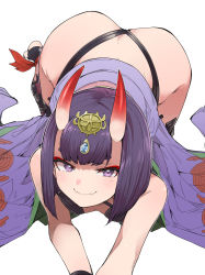 Rule 34 | 1girl, all fours, ass, bare shoulders, blush, bob cut, closed mouth, eyeliner, fate/grand order, fate (series), goten (510gensoku), hair between eyes, headpiece, highres, horns, japanese clothes, kimono, looking at viewer, makeup, oni, open clothes, open kimono, purple eyes, purple hair, purple kimono, revealing clothes, short eyebrows, short hair, shuten douji (fate), skin-covered horns, smile, solo