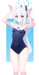 Rule 34 | 1girl, absurdres, animal ears, blue archive, blush, bow, breasts, covered navel, fake animal ears, hair bow, halo, headset, highres, hururu game, long hair, looking at viewer, miyako (blue archive), miyako (swimsuit) (blue archive), one-piece swimsuit, purple eyes, rabbit ears, rabbit pose, small breasts, solo, swimsuit, thigh gap, very long hair, white hair