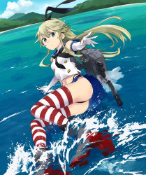 Rule 34 | 10s, 1girl, ankle boots, blonde hair, blue eyes, boots, gloves, grey footwear, hairband, kantai collection, long hair, looking at viewer, ocean, shimakaze (kancolle), thighhighs, tsuneo, tsuneo (kaijou noumu), turret