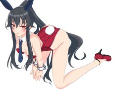 Rule 34 | 1girl, absurdres, animal ears, black hair, blush, boots, breasts, closed mouth, collar, commentary, fake animal ears, fake tail, hair between eyes, high heel boots, high heels, highres, kantai collection, leotard, long hair, medium breasts, necktie, nitamako (sakamalh), playboy bunny, ponytail, rabbit ears, red eyes, red footwear, red leotard, scrunchie, sidelocks, simple background, smile, solo, tail, white background, white necktie, wrist cuffs, yahagi (kancolle)