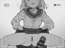 Rule 34 | 1boy, 1girl, anus, bad id, bad twitter id, bar censor, barbarian tk, battery indicator, blush, bob cut, camcorder, cardigan, censored, clothes lift, earrings, greyscale, head out of frame, hetero, idolmaster, idolmaster shiny colors, jewelry, lifted by self, long sleeves, monochrome, no panties, open mouth, penis, pleated skirt, pov, pussy, recording, sailor collar, school uniform, serafuku, serizawa asahi, short hair, size difference, skirt, skirt lift, smile, solo focus, spread legs, squatting, sweat, video camera, viewfinder